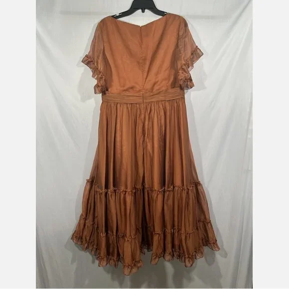 NWT Mac Duggal [ 12 ] Sheer Flutter Sleeve Tea Length Ruffle Dress‎ Rust Orange - Picture 10 of 15